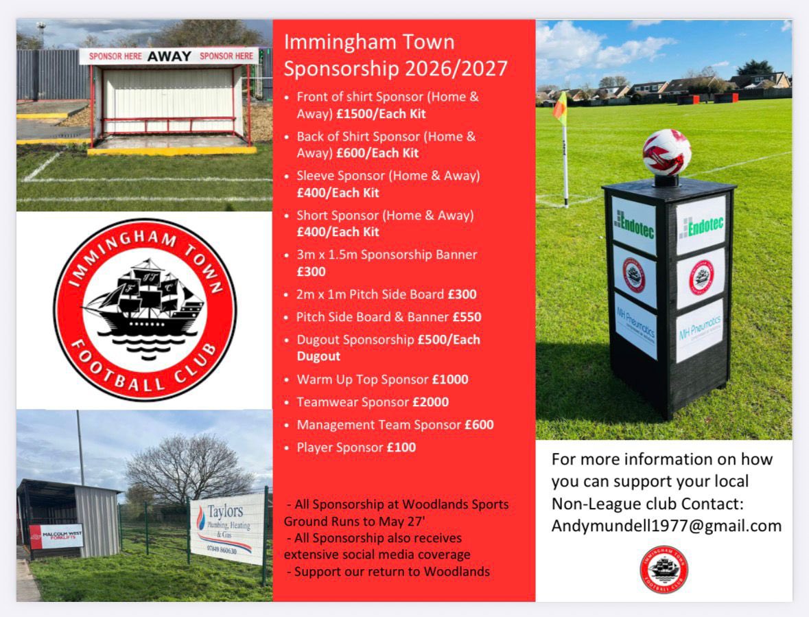 ImmTownfc's tweet image. 🚨 Sponsorship opportunities now open for 2026/27! ⚽  

With our historic ground reopening soon, now’s the perfect time to get your business involved, promote locally &amp;amp; support your club ❤️  

Interested?  
📧 andymundell1977@gmail.com  

#NonLeague #SupportLocal