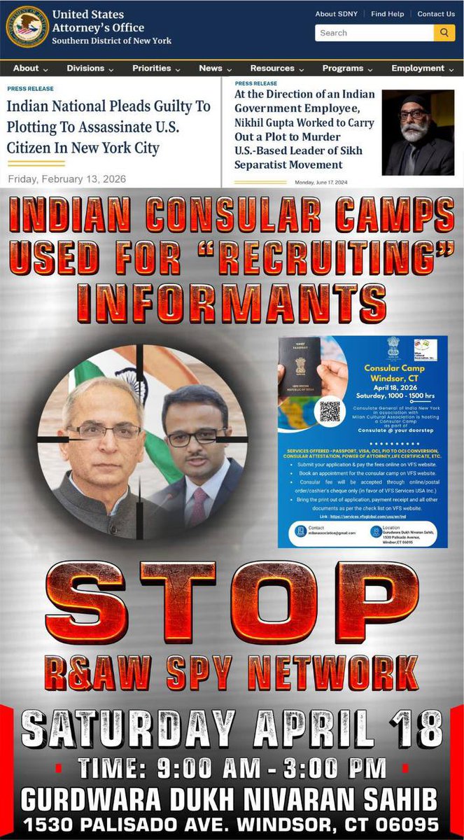sfj_team9397's tweet image. 🚨 KHALISTAN Zindabad RALLY

STOP R&amp;amp;AW 🇮🇳 SPY NETWORK

SATURDAY 18th APRIL
TIME: 9:00 AM – 3:00 PM

INDIAN 🇮🇳 CONSULAR CAMPS USED FOR “RECRUITING” INFORMANTS &amp;amp; ESPIONAGE 

GURDWARA DUKH NIVARAN SAHIB
1530 PALISADO AVE.
WINDSOR, CT 06095

#Indian #Hindutva #Terrorism #Modi