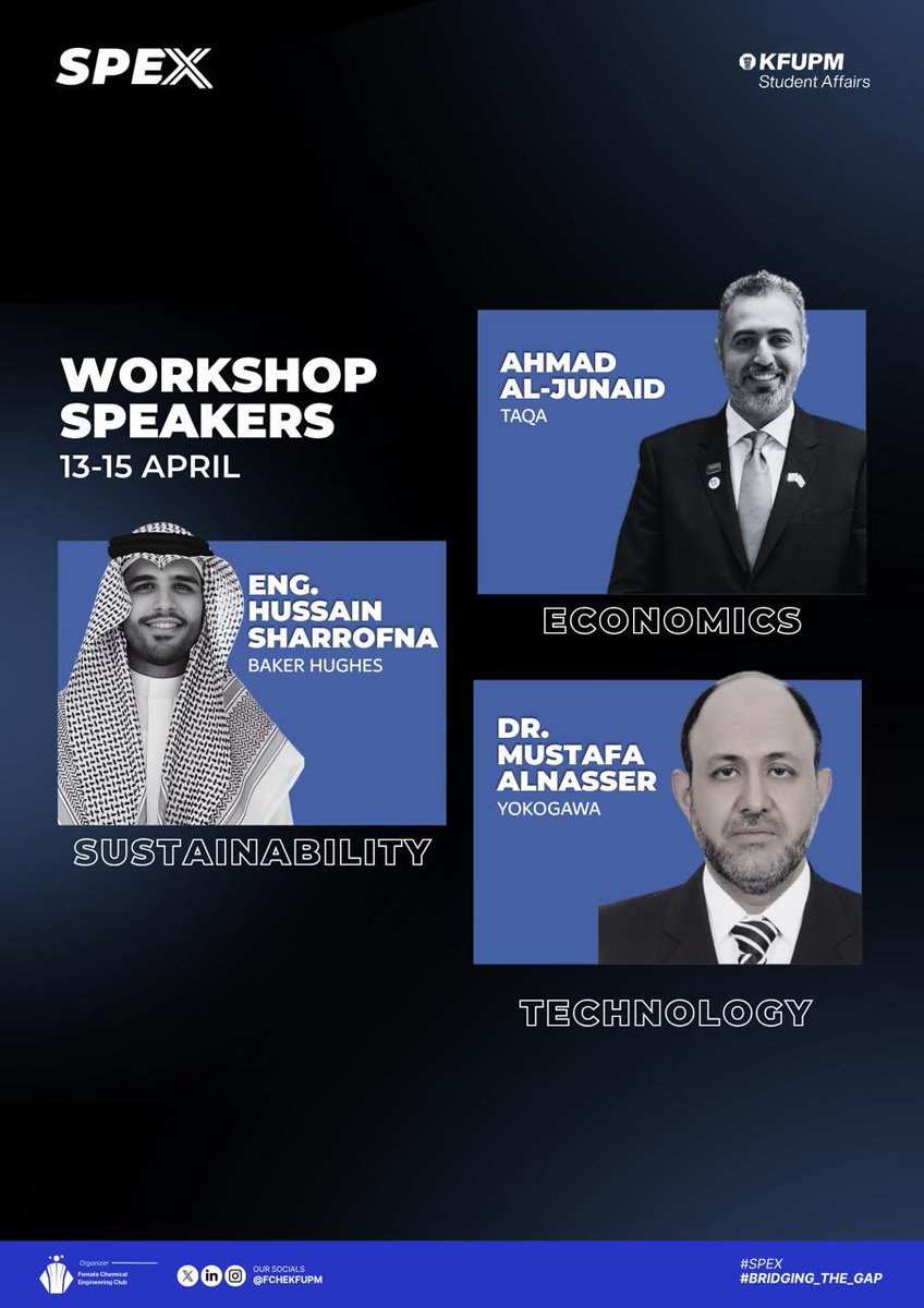 FCHEKFUPM's tweet photo. SPEX Workshop Speakers✨!
13-15 April
#SPEX #BridgingTheGap #FCHE #KFUPM https://t.co/fCxNNckgZf