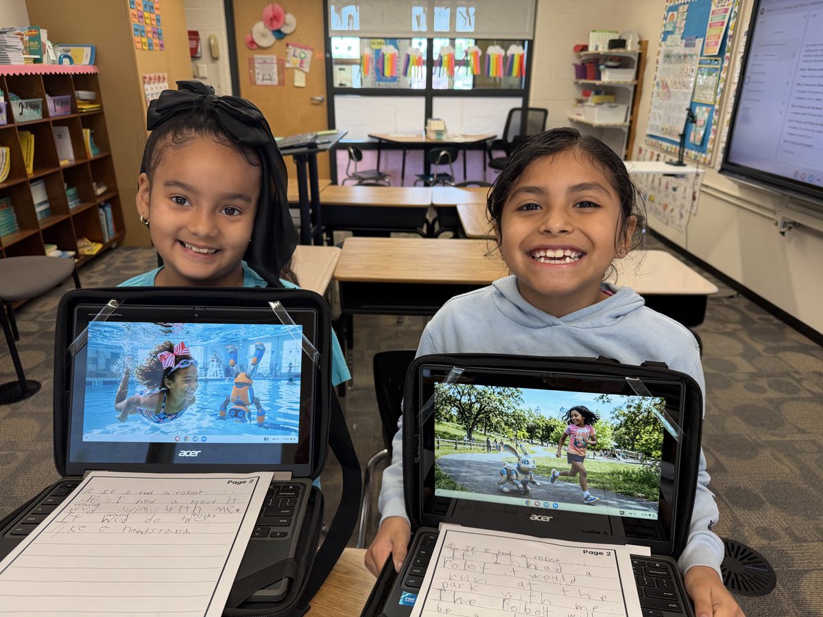 Clearview_ELL's tweet photo. My first grade EL students used Gemini to illustrate their writing of “If I had a robot” 🤖 @clearprincipal #hpsdawesome https://t.co/XUzBNoLrFF