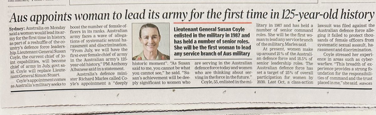 IpsRajinder's tweet photo. Interesting to note development of Lt Gen Susan Coyle having been chosen to lead Army. Greetings and best wishes. Hope she will set an ideal precedent to be followed elsewhere. https://t.co/jVM5EBZA1e