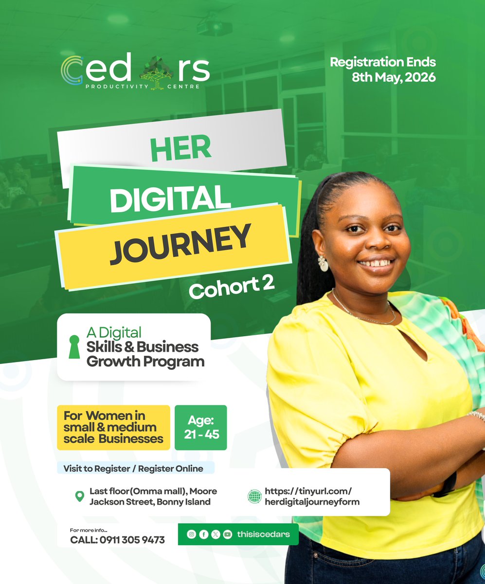 thisiscedars's tweet photo. 𝗛𝗘𝗥𝗗𝗶𝗴𝗶𝘁𝗮𝗹 𝗝𝗼𝘂𝗿𝗻𝗲𝘆 𝗖𝗼𝗵𝗼𝗿𝘁 𝟮 𝗶𝘀 𝗵𝗲𝗿𝗲.
A fully sponsored women-focused digital and SME growth program in Bonny Island designed to strengthen women-led small and medium enterprises, improve digital inclusion, and unlock real economic opportunities https://t.co/cthkLcN6MS