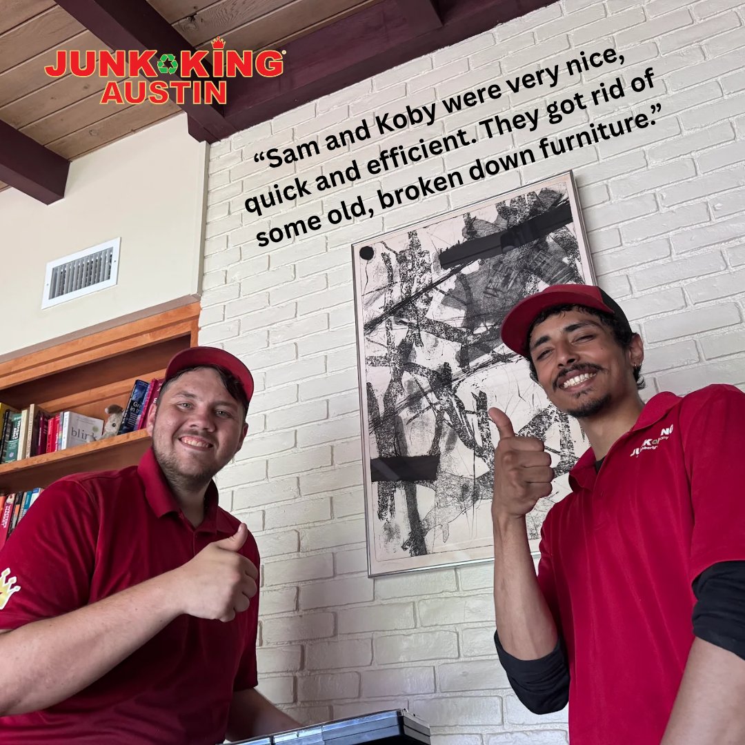 AustinJunkKing's tweet photo. Old, broken furniture? No problem! Sam and Koby were on the job... nice, quick, and efficient as always. That's what we do! 💥 Book your pickup today at https://t.co/zuawIz8p2b! #JunkKingAustin #FurnitureRemoval #AustinCleanup #HappyCustomers https://t.co/UcRAPpxQTw