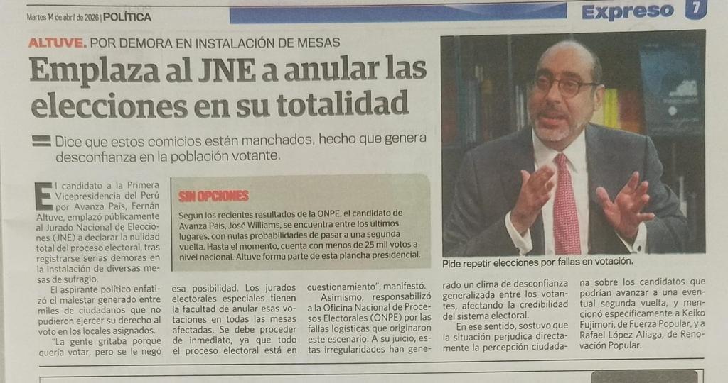 MariaFalla99598's tweet photo. 🟡 Expreso, portada de diario del martes 14 de abril de 2026, sección Política, página 7, *EMPLAZA AL JNE A ANULAR LAS ELECCIONES EN SU TOTALIDAD* https://t.co/EhBaANih1M
