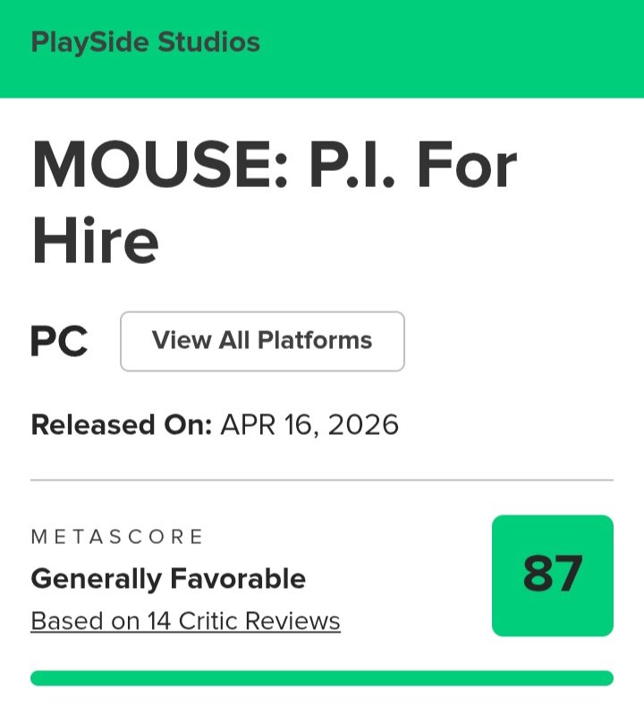 saadlibyan453's tweet image. رسميا : 
تحصل لعبة MOUSE: P.I. For Hire على تقييم 87 من 14 مراجع تقييم ممتاز صراحة 😍 وانتو وش رأيكم
#games #gaming