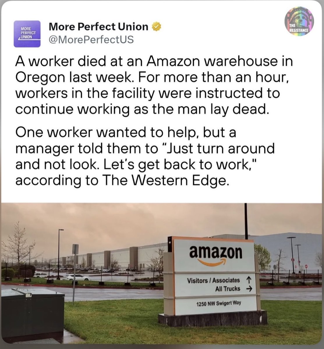 تو یکی از سوله‌های شرکت آمازون یه کارگر میمیره ولی برای یک ساعت در حالی که جسد رو زمین بوده به کارگرا گفتن نگاه نکنین و برگردین کارتون رو ادامه بدین!!

قبلنا تو مزرعه‌های پنبه هم داستان همین بوده