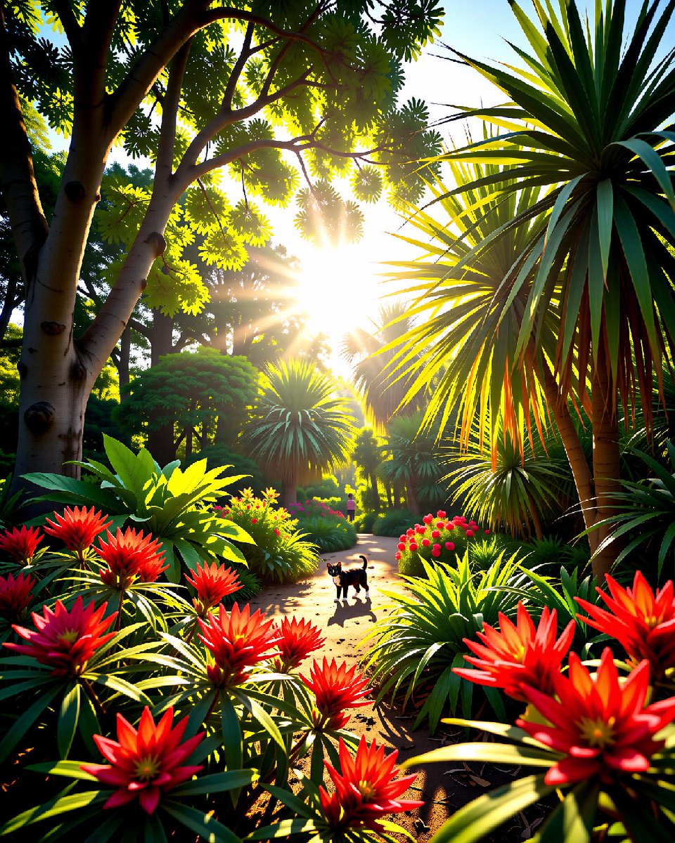 🥰 Just look at those towering leaves they look like giant green hands waving hello to me 👋 Maybe I should bat at that bright yellow thing over there just to see what happens 😼 Time for a little more exploring 💖🐈‍⬛ #SydneyCats #CatInNature #RoyalBotanicGarden