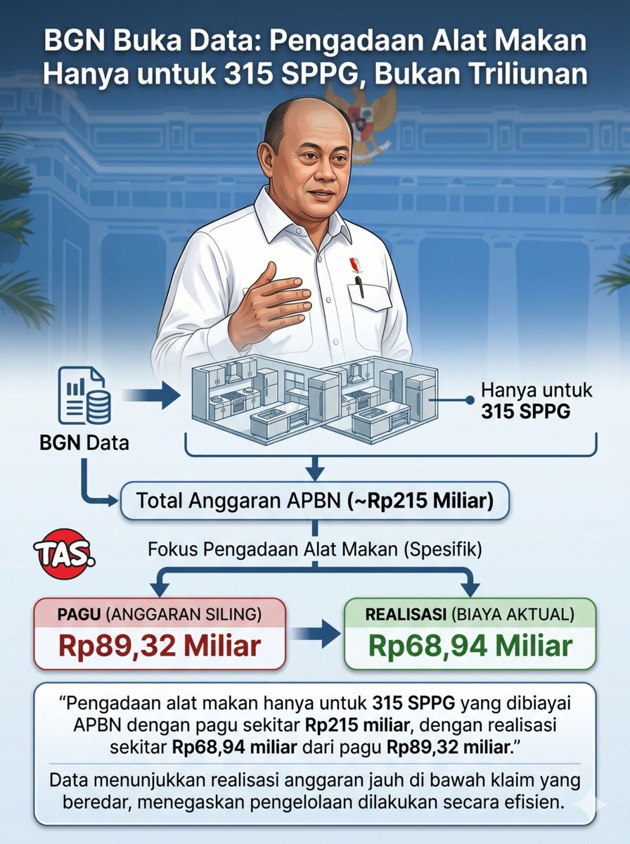 T1in1i's tweet photo. Jangan mudah percaya angka fantastis tanpa dasar, Yuk Luruskan karena realisasi anggaran alat makan MBG hanya sekitar 68 miliar dan fokus pada 315 SPPG yang dibangun pemerintah.
#FaktaSendok4T https://t.co/8T1lFhgLyy