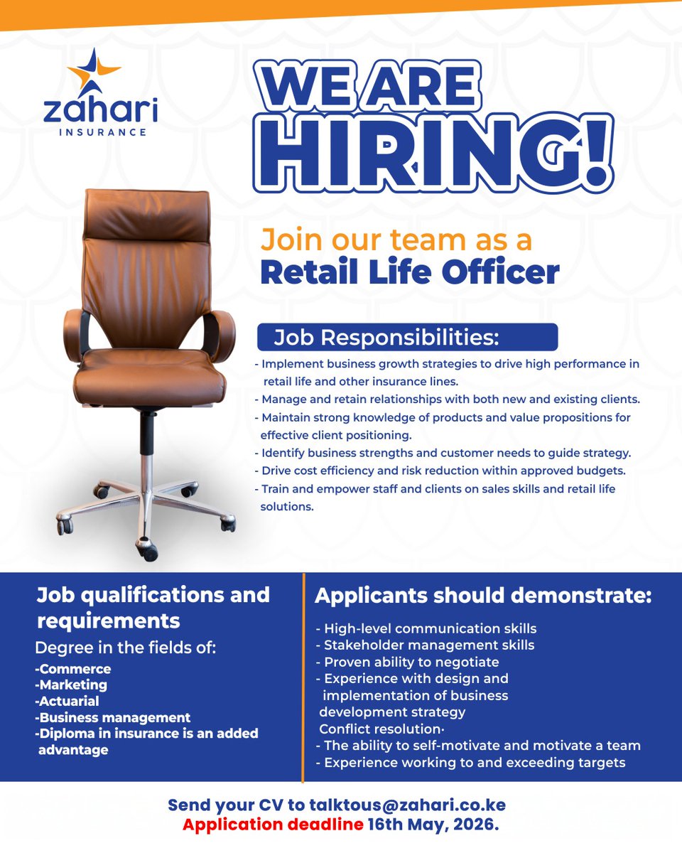 zahari71792's tweet image. Natural negotiator with a drive for business growth? We’re hiring a Retail Life Officer. If you’re self-motivated, great with stakeholders, and ready to exceed targets, we want you.  

Apply:  talktous@zahari.co.ke  #JoinOurTeam #JobOpportunity #InsuranceCareers #ikokazikenya