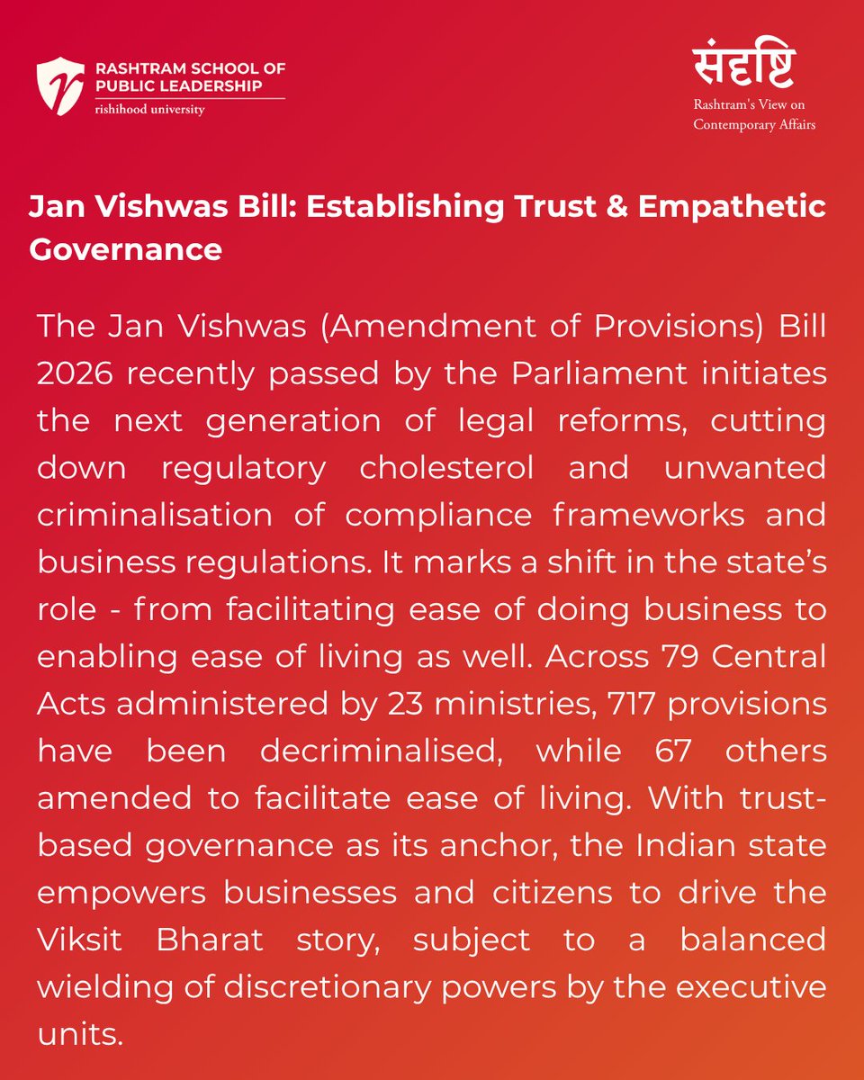 rashtramspl's tweet image. In this edition of संदृष्टि – Rashtram’s View on Contemporary Affairs, we examine the implications of the Jan Vishwas (Amendment of Provisions) Bill 2026 and what it signals for India’s regulatory future.

#JanVishwasBill #EaseOfLiving #GovernanceReform #ViksitBharat