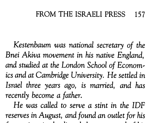 jodymcintyre_'s tweet photo. 41 minutes after my investigation into Labour peer and former IDF operative Jonathan Kestenbaum was published, his Wikipedia page was updated. However, questions remain:

Companies House lists Kestenbaum's nationality as “British”, but the 1989 journal I uncovered describes him as a “young Israeli soldier”. The 1988 Jerusalem Post article says that Kestenbaum “settled in Israel” three years previously.

Was Kestenbaum’s participation in the Qabatiya curfew disclosed before his appointment to the House of Lords?