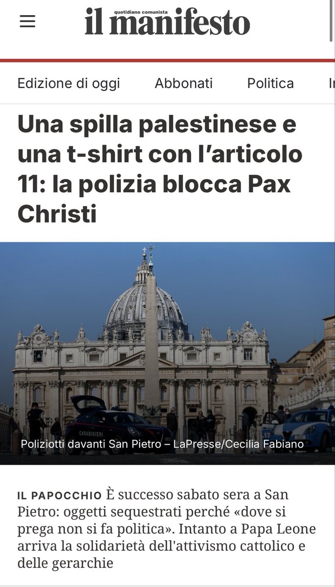 avantibionda's tweet photo. Roma, San Pietro.
Una delegazione di Pax Christi bloccata dalla polizia per una spilletta per la Palestina e una maglietta di Emergency con scritto “L’Italia r1pud1a la guerra”.
Alla preghiera per la Pace.
#senzaparole
#sovversivi https://t.co/94Nol7yOG7