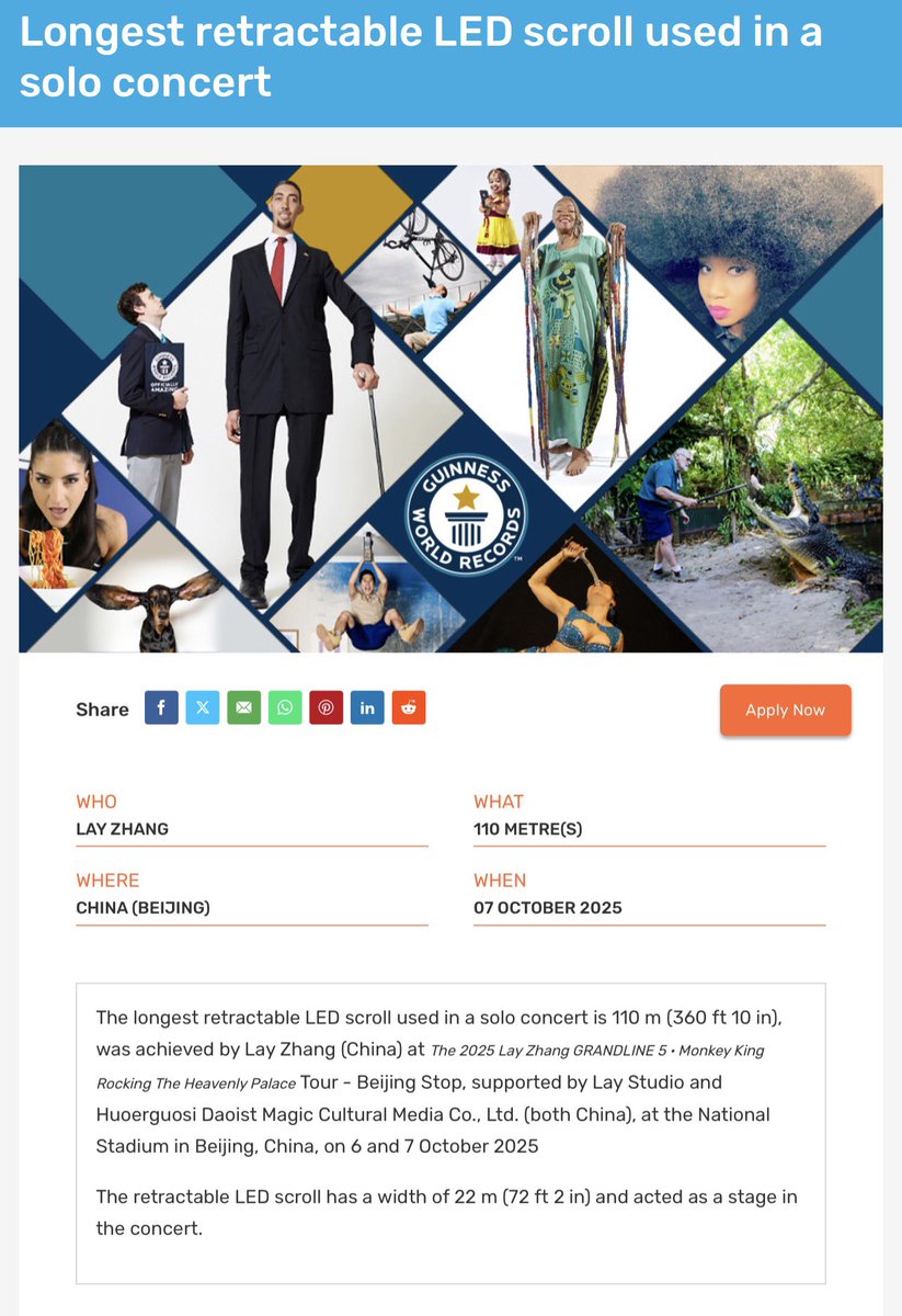 Chuchouxxing's tweet image. 260414 @GWR Guinness World Record Update

@layzhang จางอี้ชิง นักร้อง นักเต้น นักแต่งเพลง และนักแสดงชาวจีน ได้สร้างสถิติโลกในรูปแบบการสร้างสรรค์ล้ำสมัย ในวันที่ 7 ตุลาคม 2025 (251007) 

คอนเสิร์ต The 2025 Lay Zhang GRANDLINE 5 “Monkey King Rocking The Heavenly Palace Tour” •