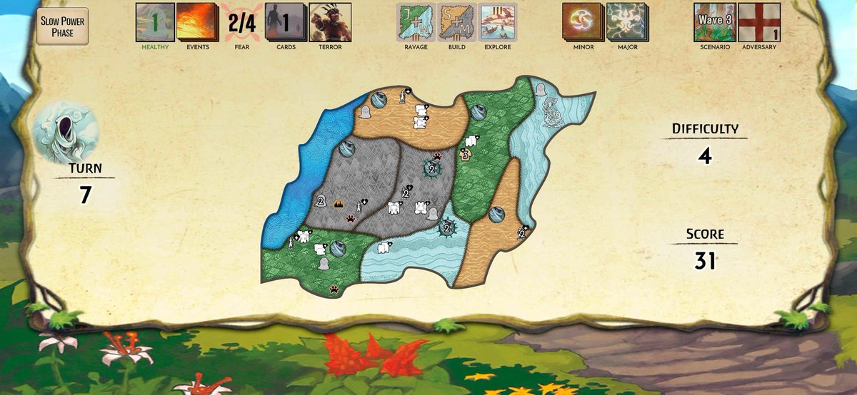 第３波を霧のとばりで勝利！
しかも健常な島のまま✨️

やっぱりとばりは強いな。そしてプレイが楽しい🤗
さて第4波は誰を使おうか。厳しい戦いだけど楽しもう。

I saved Spirit Island from the Invaders! #SpiritIsland