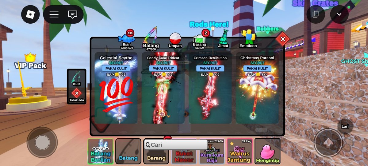 vairudust's tweet photo. wts stock skin rod fish it 
– candy cane trident 100k
– crimson retribution 35k
– christmas parasol 40k
– continuum 23k
– dark matter 25k

harga nett ya guys.
avqr &amp; avrekber. https://t.co/qkZpfFIGck