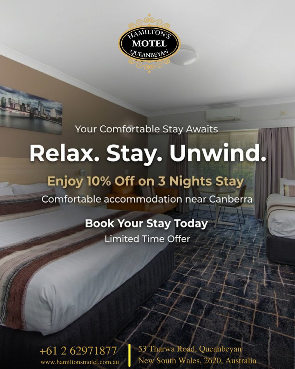 hamiltonsmotel's tweet image. Looking for a comfortable and convenient stay near Canberra?
Enjoy a relaxing getaway at Hamilton’s Queanbeyan Motel with easy access to the city and a peaceful environment to unwind.

Book 3 nights and enjoy 10% off your stay.
hamiltonsmotel.com.au

#motel #offer #bestmotel