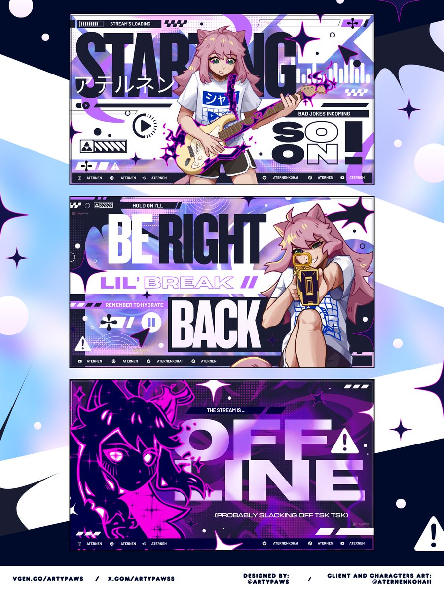 ┏✦ STATUS SCREENS for <a href="/AternenKohai/">Aternen</a> 👾🎸

Thank u once more for taking me out of my comfort zone (in a good way ofc 🥹). I haven't designed in this style for a really long time ❤️ Have to practice it a bit more :>

The drawn characters on the screens belong to her ❤️

#vtuber