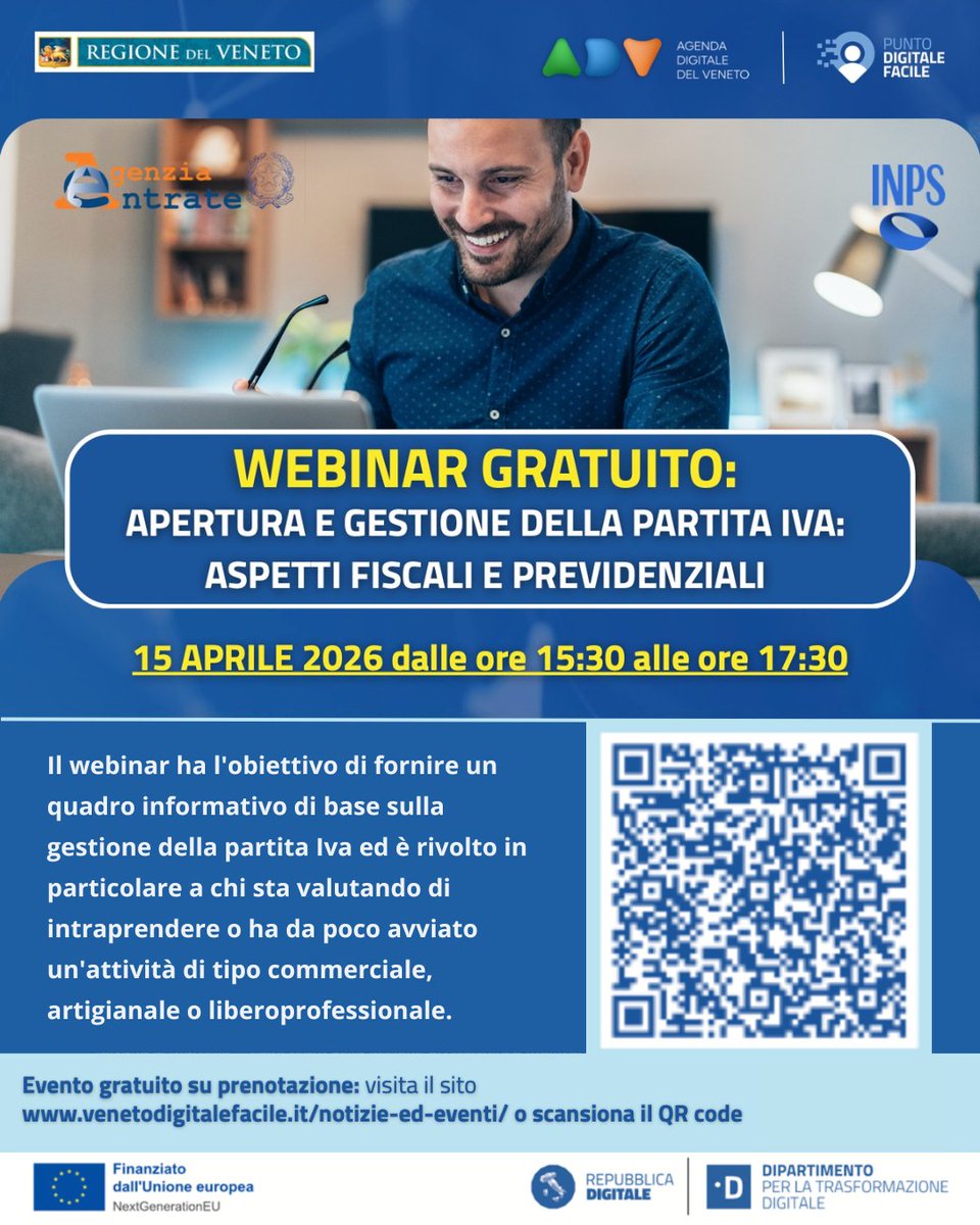 Agenzia_Entrate's tweet image. Aprire e gestire una #partita #Iva: al via domani un #webinar gratuito, in collaborazione con #Inps, Regione #Veneto e Rete dei punti digitali facili. 
🗓️ 15 aprile 2026
🕞 dalle 15:30 alle 17:30
Tutte le info 👉 t.ly/dWeYi
Iscriviti qui 👉 t.ly/xipH5