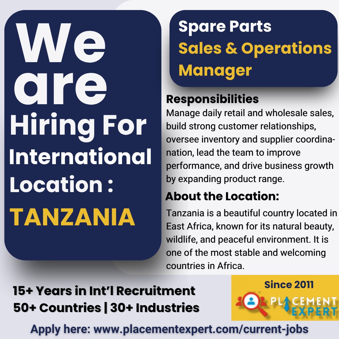 placementxpert's tweet photo. 🚀 Looking to take your career to the international level?
 
We are hiring Spare Parts Sales &amp; Operations Manager for our international client in Tanzania.

For more visit:https://t.co/cgSnVDjuif

#placementexpert #Hiringfromindia #currentjobs #SparePartsSalesAndOperationsManager https://t.co/gXuRURLEy1