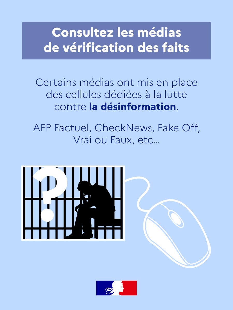 Prefet53's tweet image. #FakeNews | #Mayenne🤔

Comment distinguer une information fiable d’une fausse information ?

👉 Quelques réflexes à adopter :

🔎 Vérifiez les sources
🧠 Prenez du recul face aux contenus trop sensationnels
🖼️ Méfiez-vous des images et vidéos trompeuses

🙏 Restons vigilants