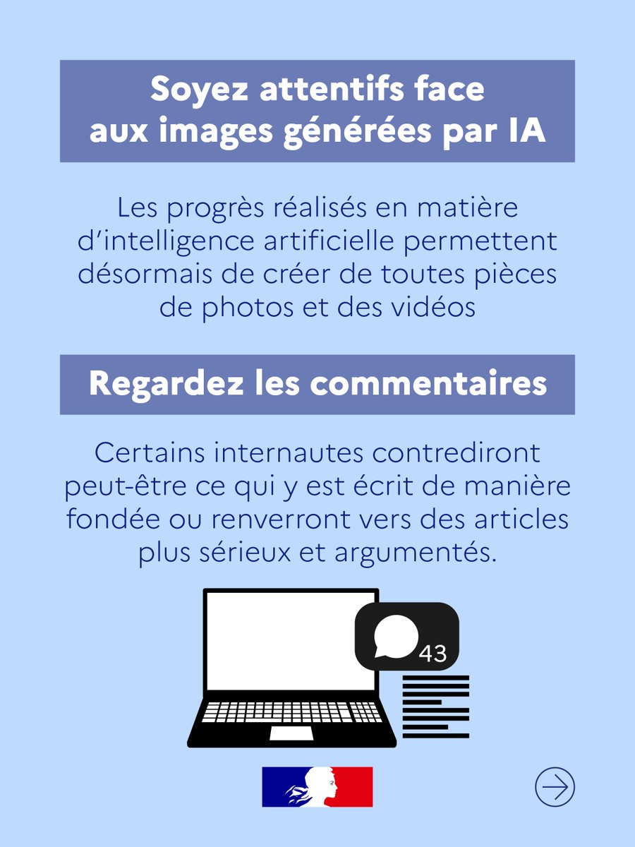 Prefet53's tweet image. #FakeNews | #Mayenne🤔

Comment distinguer une information fiable d’une fausse information ?

👉 Quelques réflexes à adopter :

🔎 Vérifiez les sources
🧠 Prenez du recul face aux contenus trop sensationnels
🖼️ Méfiez-vous des images et vidéos trompeuses

🙏 Restons vigilants