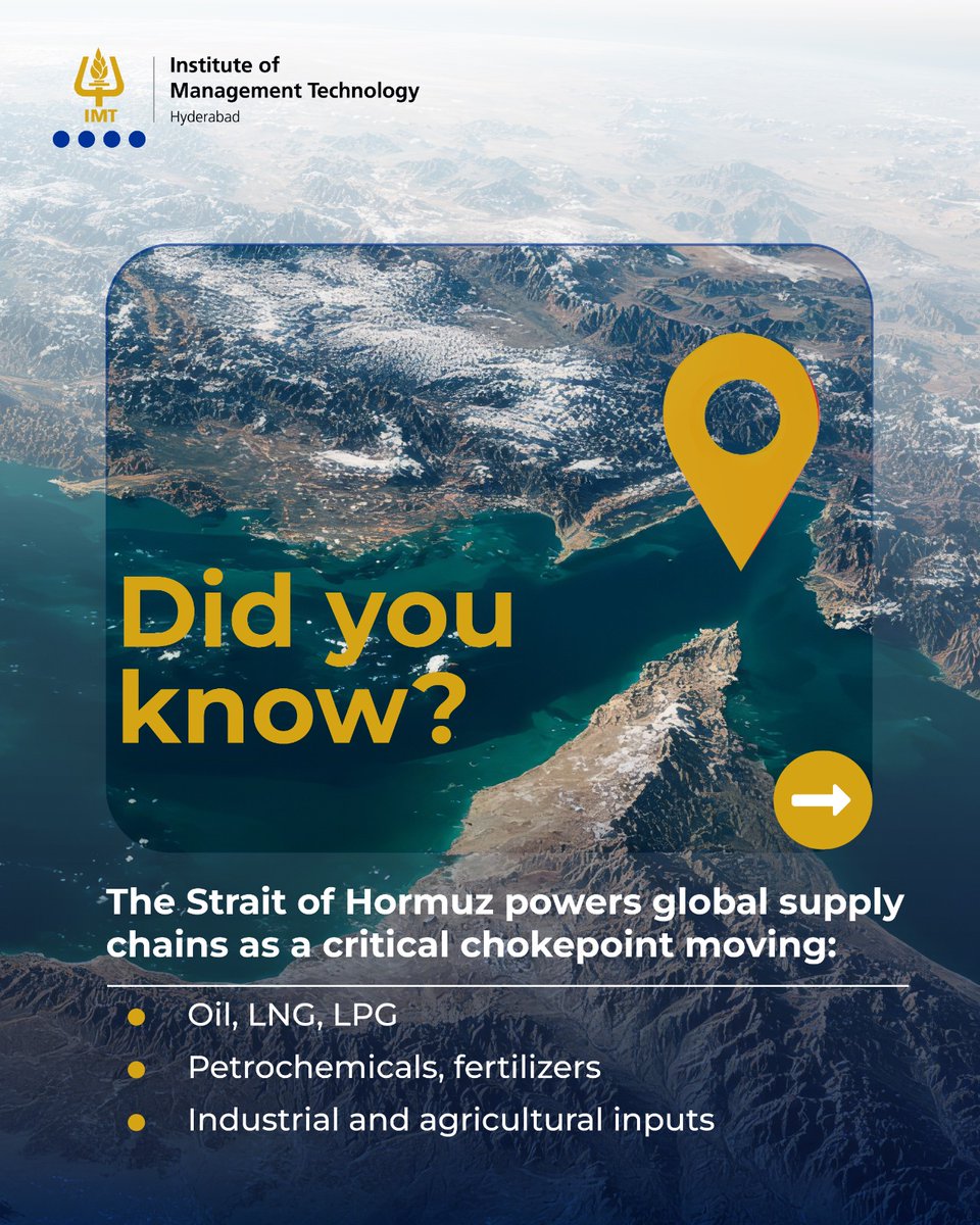 imthyd's tweet image. Hormuz powers global trade. 20.3M barrels/day, 25% oil flows. Disruptions ripple worldwide. IMT Hyderabad PGDM LSCM builds resilient leaders.

#SupplyChainManagement #GlobalTrade #LogisticsIndustry #EnergyMarkets #Geopolitics