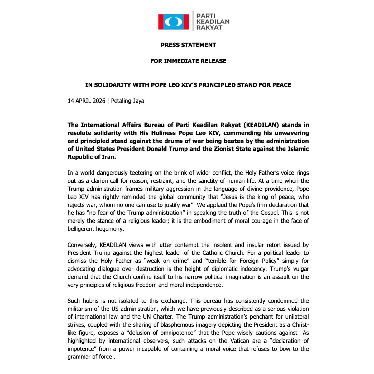 biro_pkr's tweet photo. PRESS STATEMENT
FOR IMMEDIATE RELEASE
IN SOLIDARITY WITH POPE LEO XIV'S PRINCIPLED STAND FOR PEACE https://t.co/kDMAjA47ba