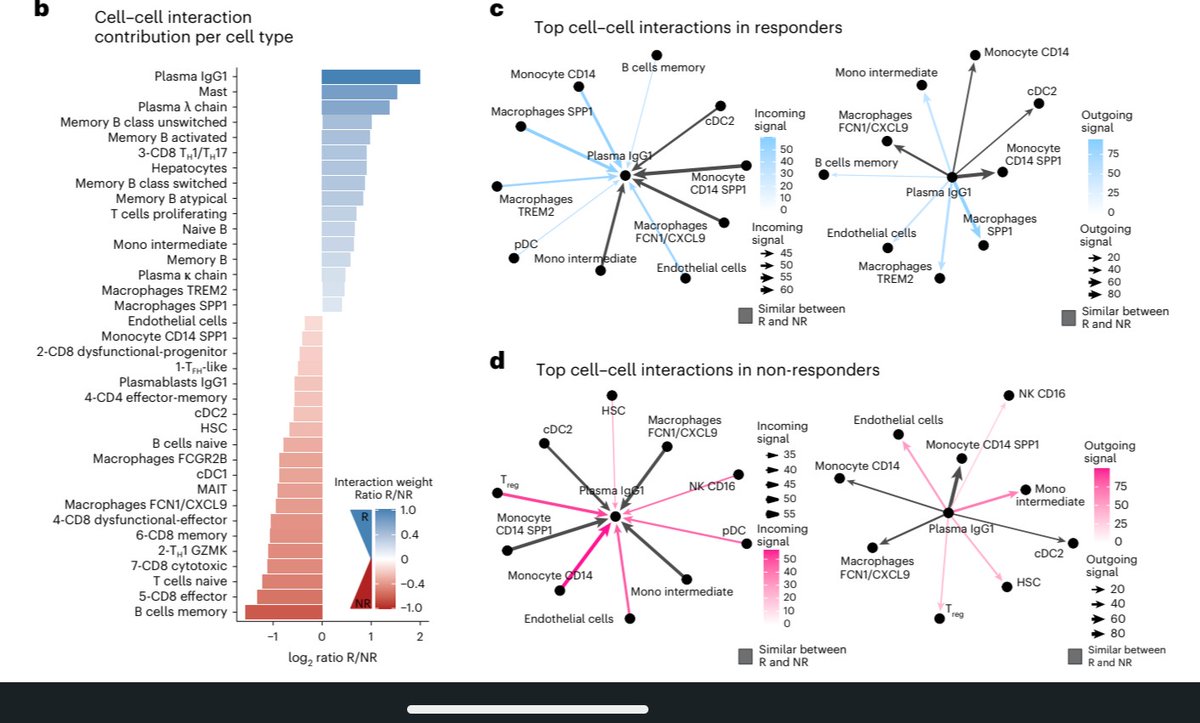 EdgarEGK's tweet photo. In addition to characterizing Plasma cells associated with clinical response, we also inferred multiple cell-cell interactions. These show the positive contribution of Mast cells, hepatocytes and CD8+ T cells for response. @NatureMedicine https://t.co/XgYUzpx5qc @IcahnMountSinai https://t.co/RkV35lVcPM