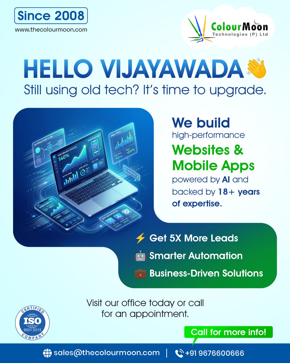 thecolourmoon's tweet image. 🚀 Vijayawada, it’s time to level up your business!
Still stuck wi

📞 Get in touch today and take your business digital the right way!

#WebDevelopment #MobileAppDevelopment #DigitalGrowth #AISolutions #VijayawadaBusiness