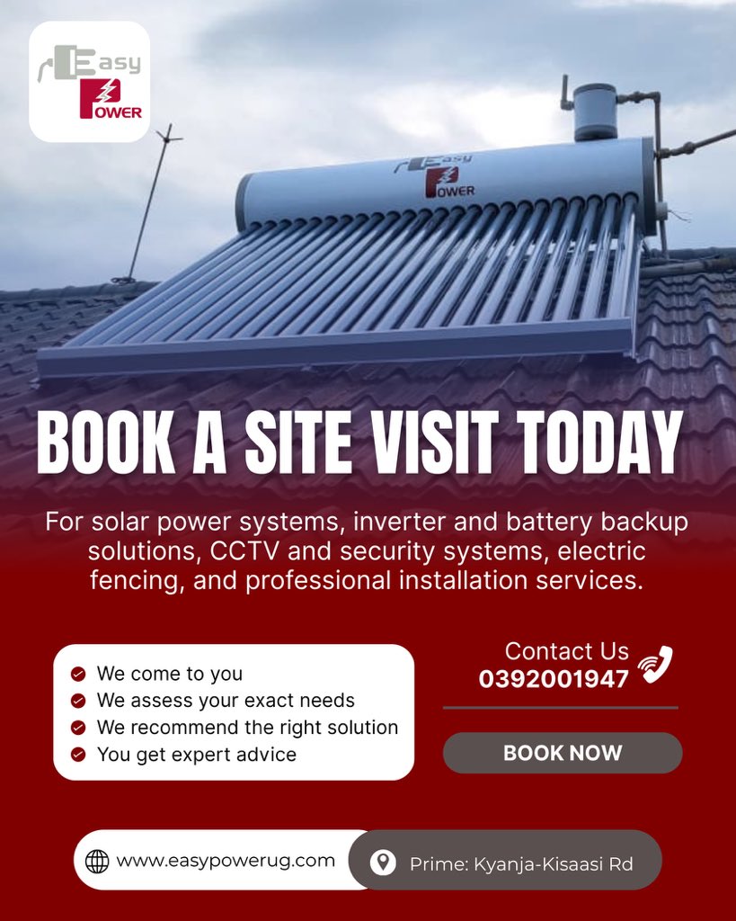 EasyPowerCoLtd's tweet photo. Thinking about switching to solar or upgrading your security system
Start with a site visit from Easy Power Uganda. We assess your space, energy needs, and long term goals, then design a system that delivers reliable, cost efficient power.
DM now for a free visit
#EasyPower https://t.co/FC6snFyEVR