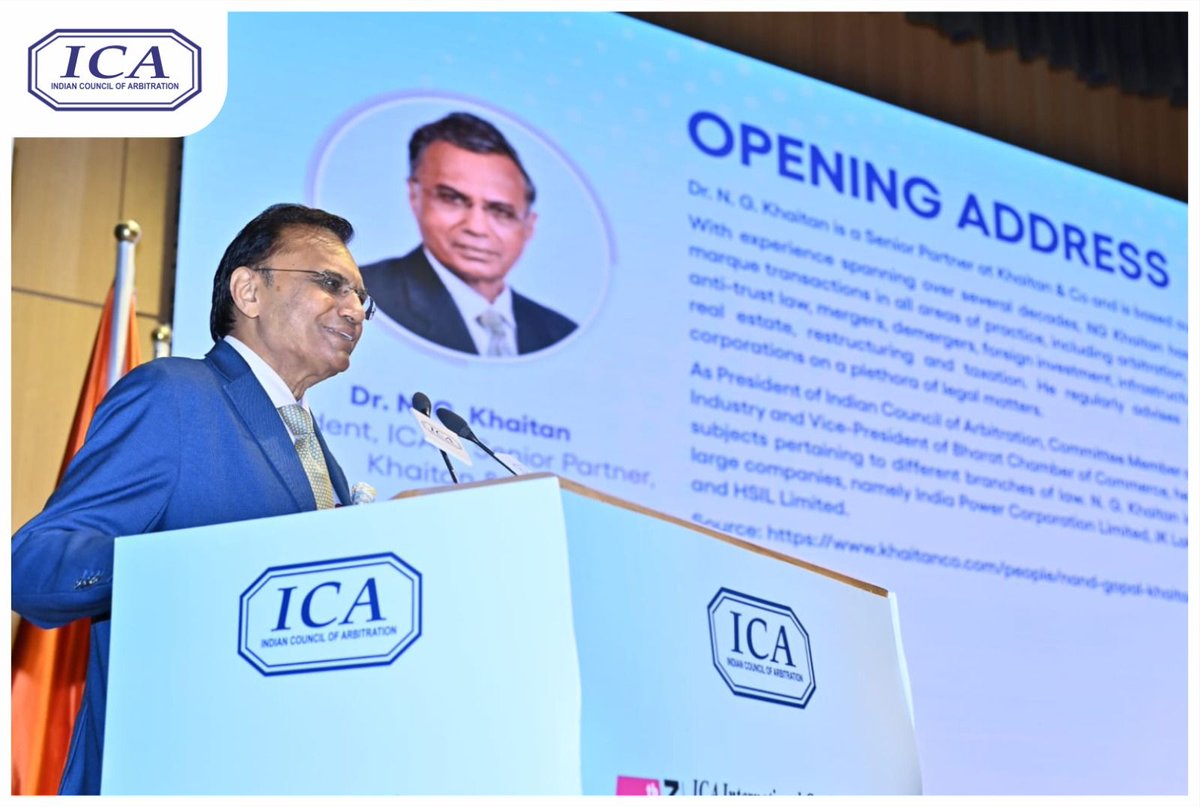 ICArbitration's tweet photo. Delivering the Opening Address during the Valedictory Session of the 5th ICA International Conference on “Arbitration in the Era of Globalization” on 11 April 2026 at the High Court of Delhi, Dr. N. G. Khaitan, President, Indian Council of Arbitration said, “If India is to sustain its economic momentum and emerge as a global hub for arbitration, we must move decisively towards institutional arbitration and away from ad hoc processes. Efficiency, credibility, and timeliness must define our dispute resolution framework.

Furthermore, he highlighted that “Structural reforms, including limiting the number of arbitrations undertaken, ensuring strict timelines, and shifting appointment powers from courts to institutions, will be critical in strengthening investor confidence and supporting India’s growth ambitions.”

@arjunrammeghwal | @SandhuTaranjitS | @LtGovDelhi | @MLJ_GoI | @indSupremeCourt | @KhaitanCo | @DG_ICA | @pinkyanand57 | @AmitSibal | @MarcVeit | @Oberoimehak | @ficci_india | @airindia | @TrilegalLaw | @TataCompanies | @Maruti_Corp | @thebarbulletin | @barandbench | @scconline_ | @LawBeatInd