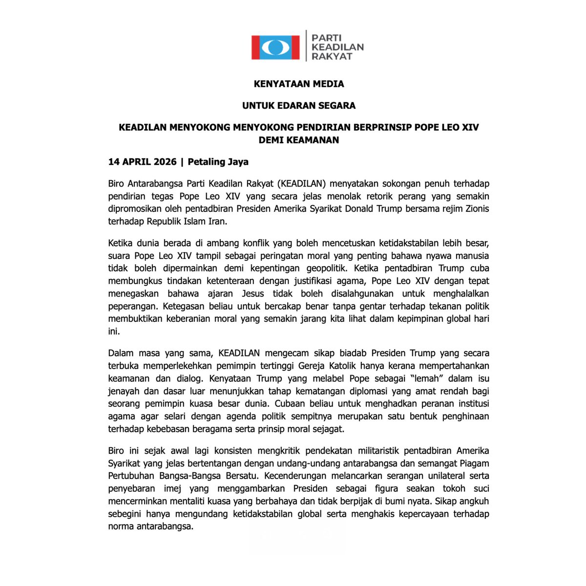biro_pkr's tweet photo. KENYATAAN MEDIA
UNTUK EDARAN SEGARA
KEADILAN MENYOKONG MENYOKONG PENDIRIAN BERPRINSIP POPE LEO XIV
DEMI KEAMANAN https://t.co/9LdTfpvTGV