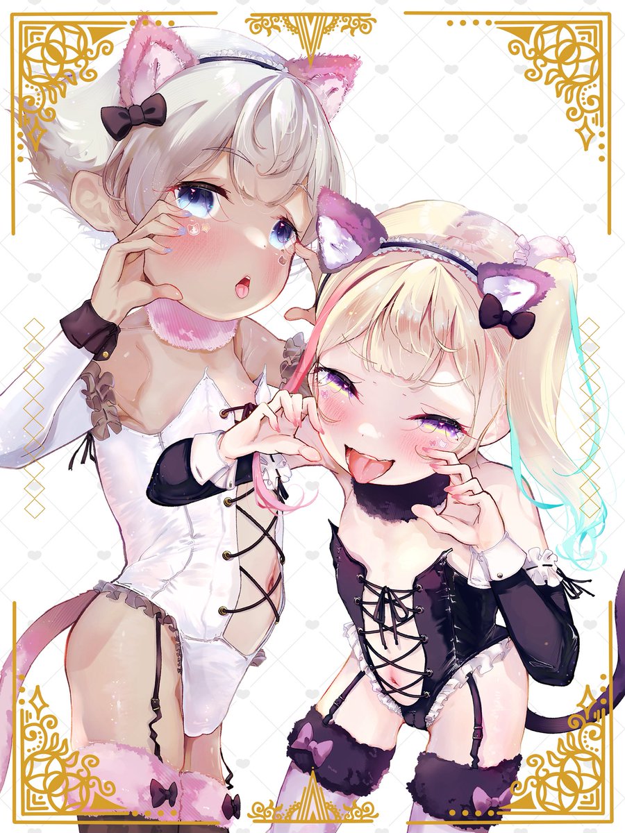 以前描いたオリキャラのあまねちゃんと GLO 先生 @WhineyShiney  宅のあいこちゃんのコラボ絵になります!
猫ちゃんコスで誘ってきて可愛いね…🐈‍⬛❤️ 