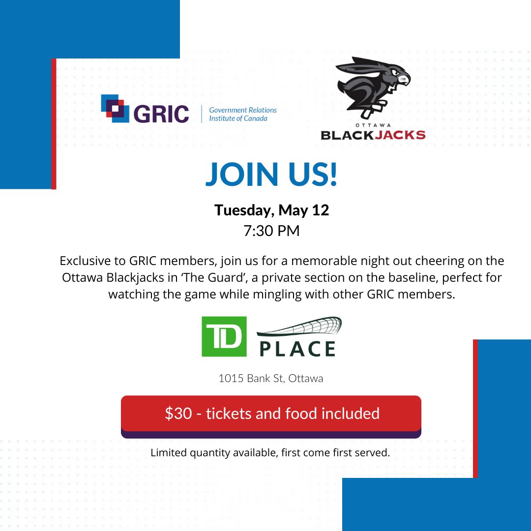 GRIC_IRGC's tweet photo. Join your #GRIC friends and colleagues for a night of networking and basketball at the Ottawa BlackJacks home opener!

🫸🏀🫷

Member-exclusive tickets in 'The Guard'. 

Perfect for mingling, great views, and game-day energy.

Get your tickets here: https://t.co/CN6Q6Vcr9H https://t.co/MzsH5F5hzr
