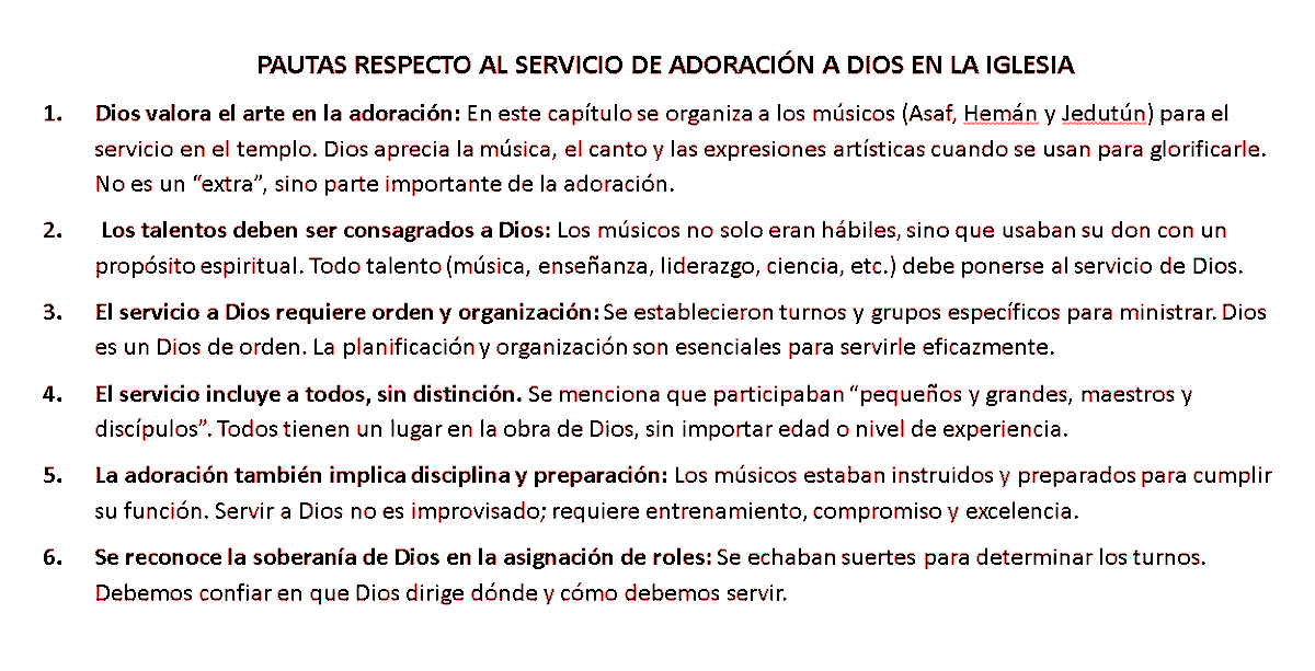 1 Crónicas 25 nos enseña que servir a Dios es un privilegio que debe hacerse con orden, dedicación, excelencia y alegría, usando nuestros dones para edificar y adorar. #rpsp