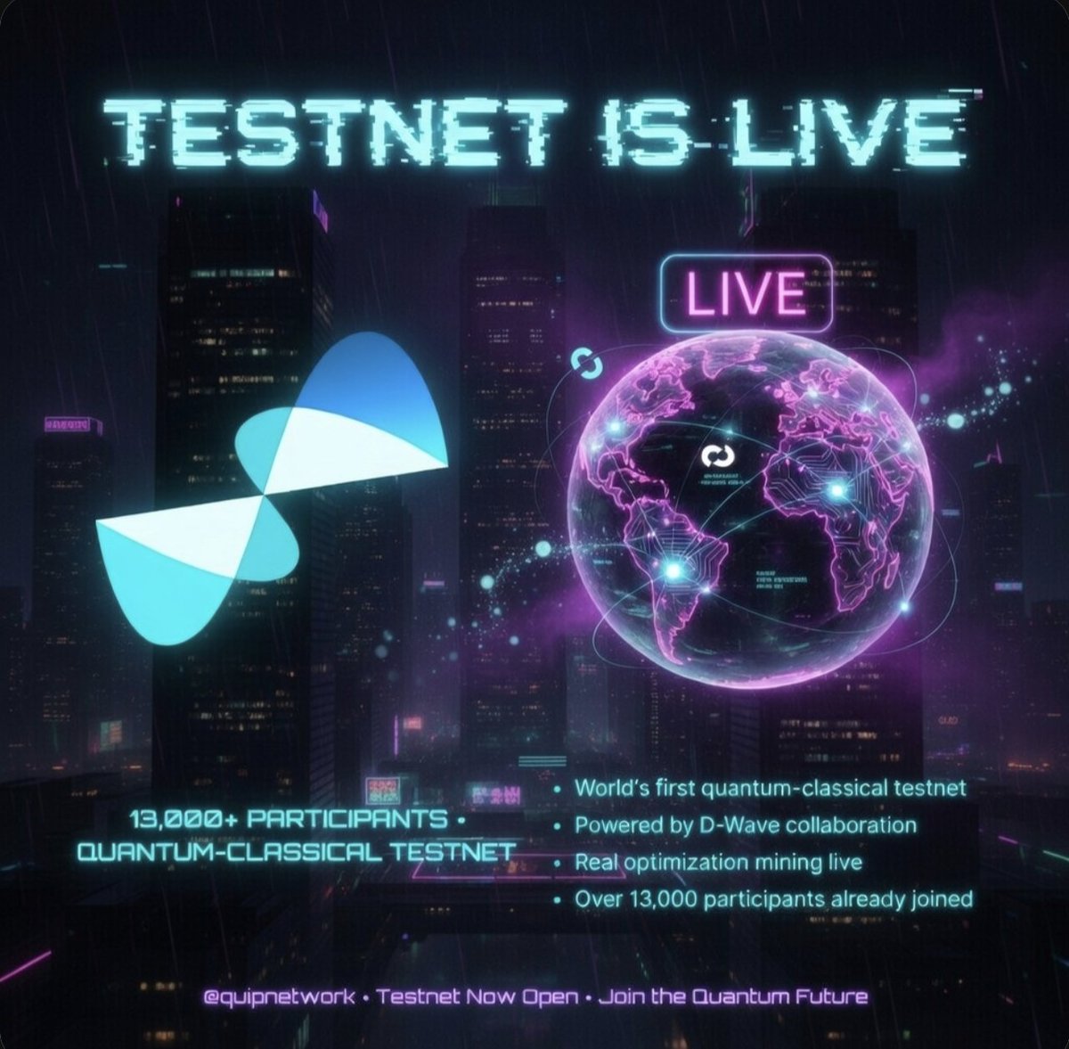 Quip Network public testnet launched in April 2026 and has seen massive response with over 13,000 sign ups.

The testnet is special because it's the world's first quantum classical blockchain testnet,built with D-Wave Quantum,allowing participants to run real optimization based