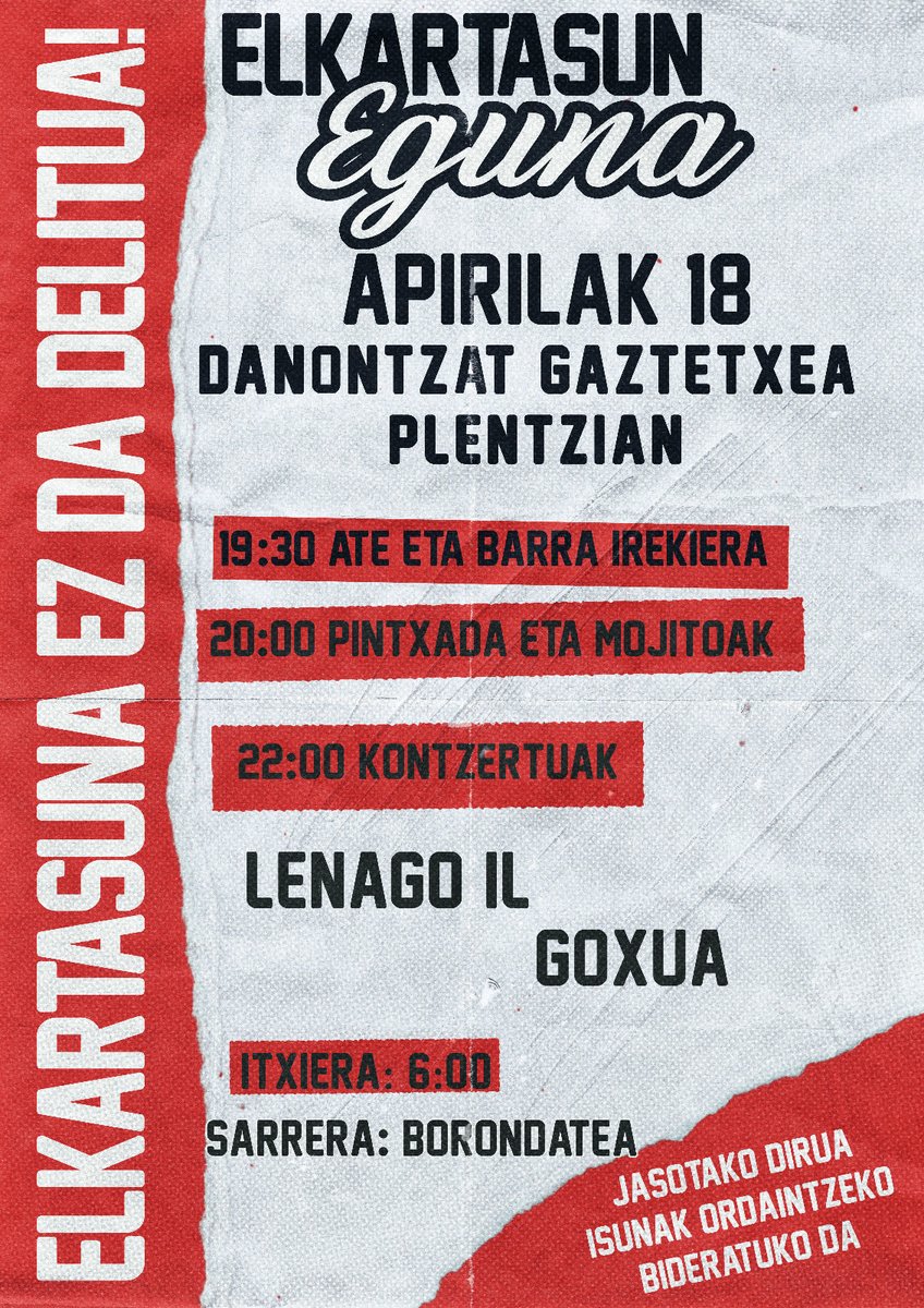 Apirilaren 18an Elkartasun jaialdia Plentziako Danontzat Gaztetxean. 

Ateratako dirua euskal preso politikoei elkartasuna adierazteko Zaballan egindako espetxe martxaren ondorioz jasotako 96.480€-ko isunari aurre egitera bideratuko da.

ELKARTASUNA EZ DA DELITUA!