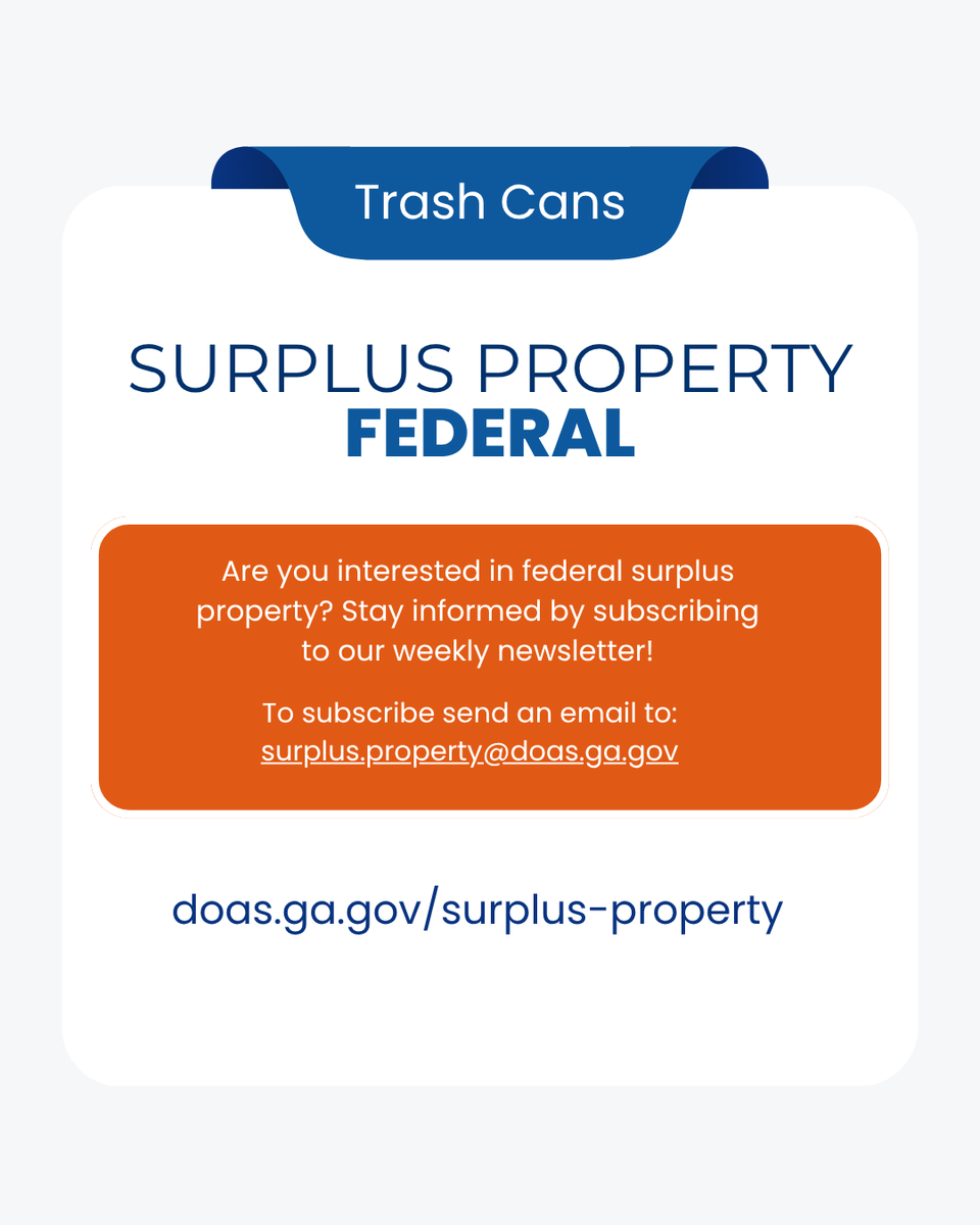 GAStateSurplus's tweet photo. Spring cleaning season is here! Make sure your business or agency is equipped with the right tools to get the job done. DOAS Surplus has you covered with durable, high-quality trash cans to keep your spaces clean and efficient. #SurplusProperty #GeorgiaDOAS #TrashCans https://t.co/7VTDX32AES