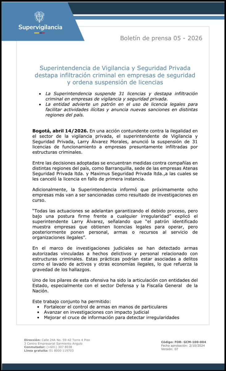 SuperVigilancia's tweet photo. La @SuperVigilancia continúa su lucha contra la infiltración criminal en el sector, ordenando la suspensión de 31 licencias. La entidad advierte un patrón en el uso de permisos legales para facilitar actividades ilícitas.  
Consulta el boletín aquí: https://t.co/dNBrPgGbKO https://t.co/L7XLKpOEVv