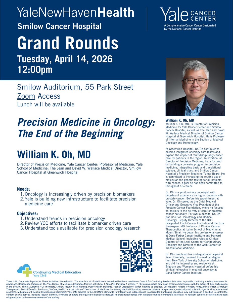 YaleCancer's tweet image. Today at 12pm, we're pleased to have @WilliamOhMD present our #GrandRounds featuring the topic of "Precision Medicine in Oncology: The End of the Beginning." Please join us in Smilow Auditorium or online via Zoom: bit.ly/48LNbm1. 
@SmilowCancer