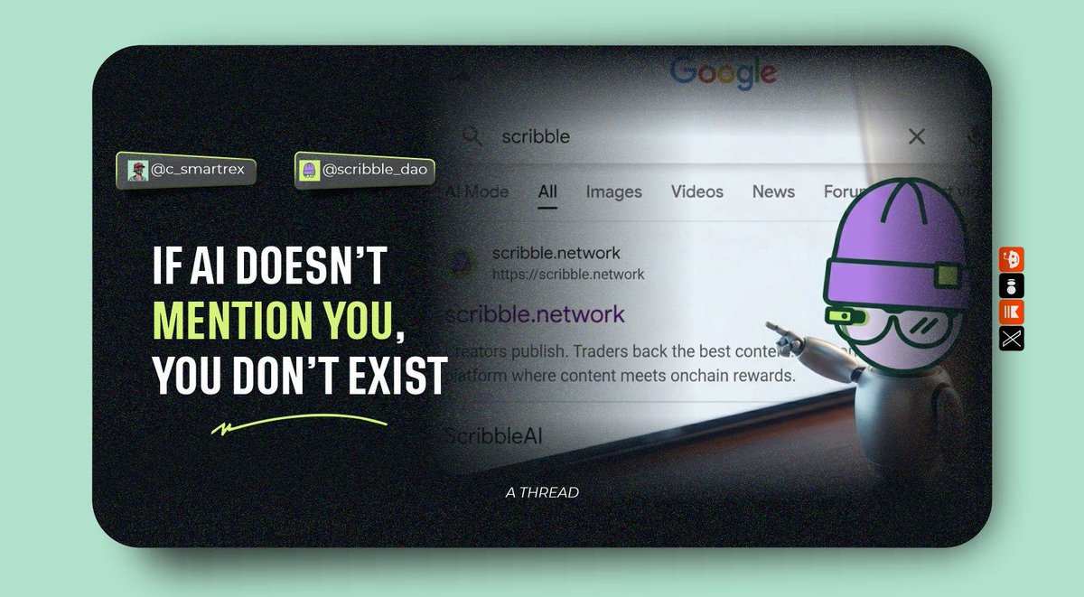 c_smartrex's tweet photo. If AI doesn’t mention you, you don’t exist.

And here’s the part nobody wants to say out loud…

AI doesn’t rank brands.

It mirrors what the internet has already been repeating about them.

That’s what decides who gets recommended.

Most people think AI search is neutral.
It’s not.

It’s just compressing public conversation into one final answer.

Silently picking winners… without ever saying how.

And that’s exactly what @scribble_dao is built around.