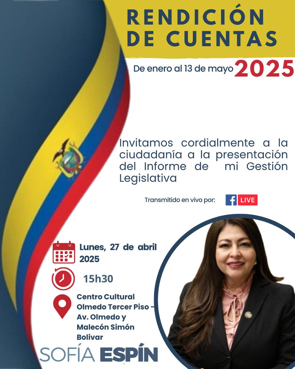 EVENTO DE RENDICIÓN DE CUENTAS| 🟦🇪🇨☑️
Este lunes 27 de abril los espero en el Centro Cultural Olmedo, en mi evento de rendición de cuentas como ex Asambleísta por la Provincia del Guayas, período enero a mayo de 2025.
¡Cordialmente invitados!
#Guayaquil
#SofiaEspin