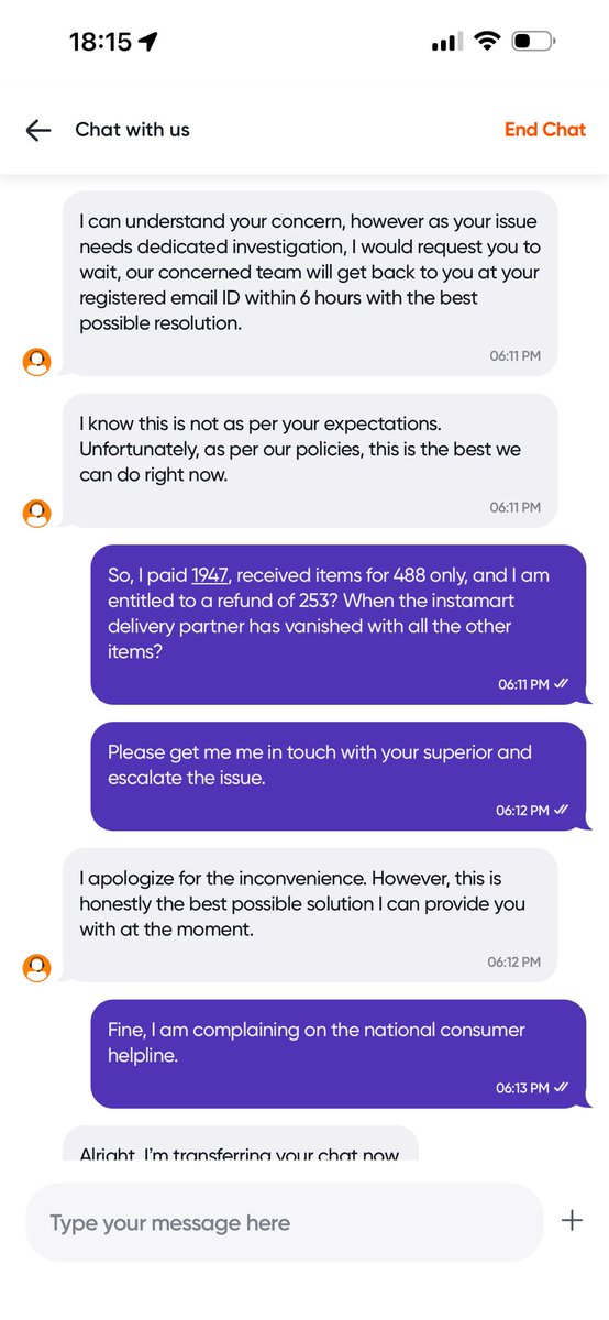 pramitdebmallik's tweet photo. @Swiggy @SwiggyCares a daylight robber scheme is being run by your company. I placed an order on Instamart for 1947 worth of items, received items worth 488 only. Now customer care says I’ll get only 253 as a refund. 

It’s a fit case for @jagograhakjago to intervene https://t.co/FRyhv2fZ77
