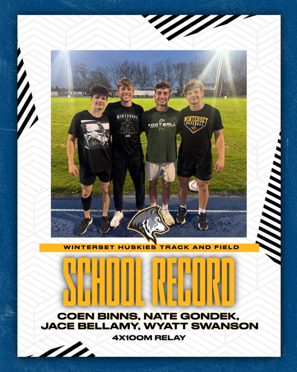 WintersetTrack's tweet photo. Break School Record (43.42)✅
Break School Record Again 2 Days Later (42.97) ✅
Hit the Blue Standard and qualify for the Drake Relays ✅
Great work boys! Excited to see what the rest of the season has in store for this group! #HuskyPride #BlueOvalBound https://t.co/4cDzjqsZ3M