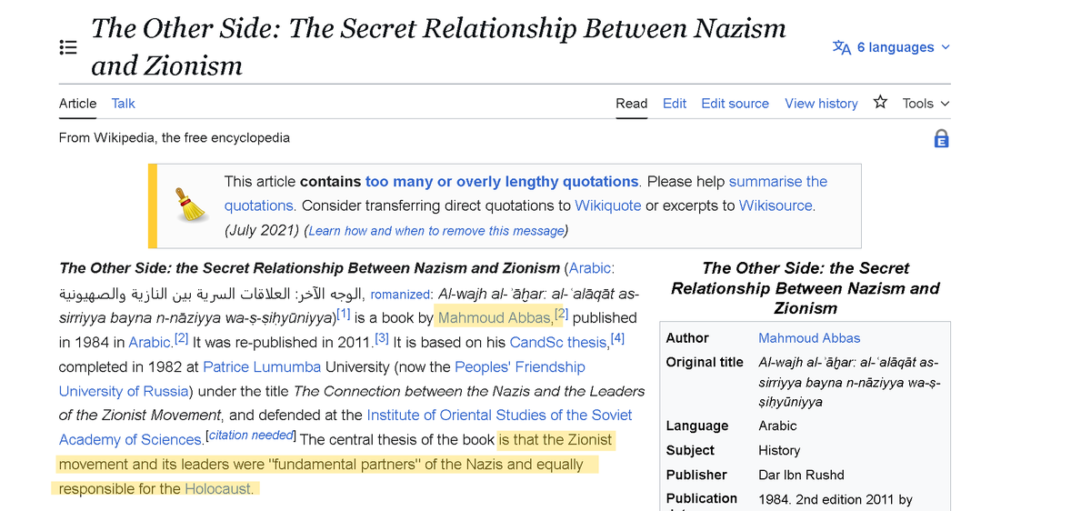 Wikipedia is helping normalize antisemitism and Holocaust denial. It presents Mahmoud Abbas’s book as if it were just another publication, rather than a widely discredited work built on falsehoods and Holocaust distortion. Shame.