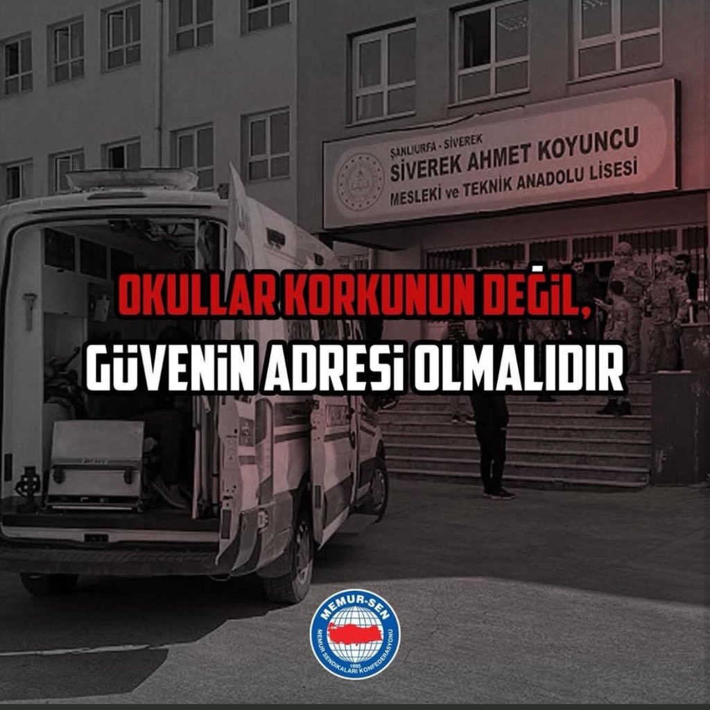 Siverek Ahmet Koyuncu MTAL’de yaşanan saldırı, okullarımızdaki huzur ve güven ikliminin korunmasının ne denli hayati olduğunu bir kez daha hatırlatmıştır…

Yaralanan meslektaşlarımıza, öğrencilerimize ve emniyet mensuplarımıza acil şifalar diliyorum…

Eğitimciye yönelen şiddet,