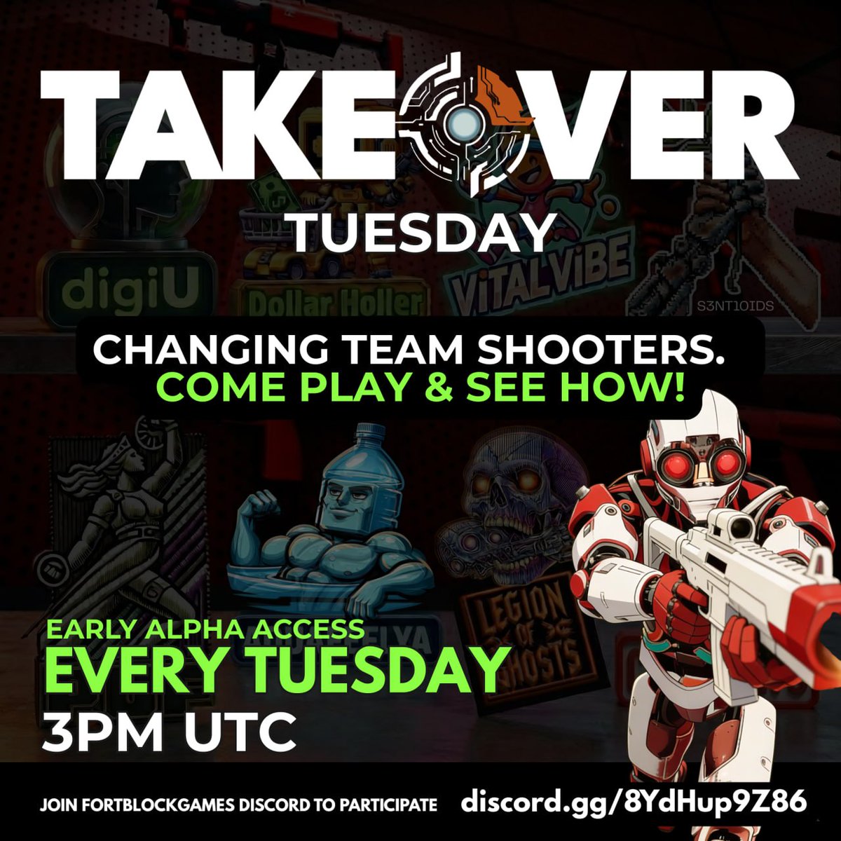 Who is ready for the next TAKEOVER TUESDAY play session?? 🔫🔫🔫

In just 2 hours from now, make sure to join us in our Discord, get logged into <a href="/Play_Takeover/">TAKEOVER</a>, and get ready for some action packed battles ! 

Choose Your Faction Wisely Anon 🔺️