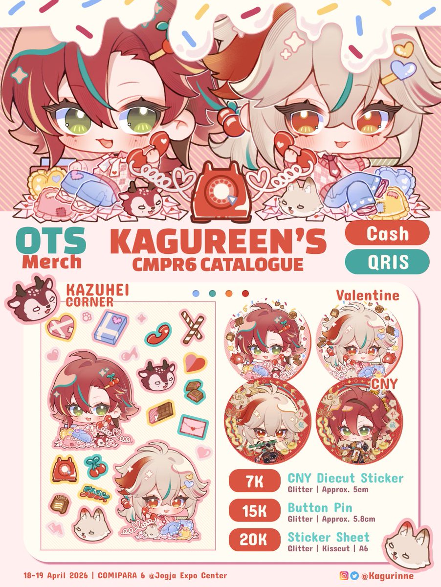 kagurinne's tweet image. 🔁&amp;amp;🩷are so much appreciated! ₍^. .^₎Ⳋ 
Hello! KaguReen's #Comipara6 OTS catalogue here~

Hoyoverse🍀Proseka🌼Hololive ID

📌Both days at Jogja Expo Center (G-12)
🗓️18-19 April
💵QRIS &amp;amp; Cash

See you soon at COMIPARA6!
#comipara6catalogue #cmpr6 #comipara