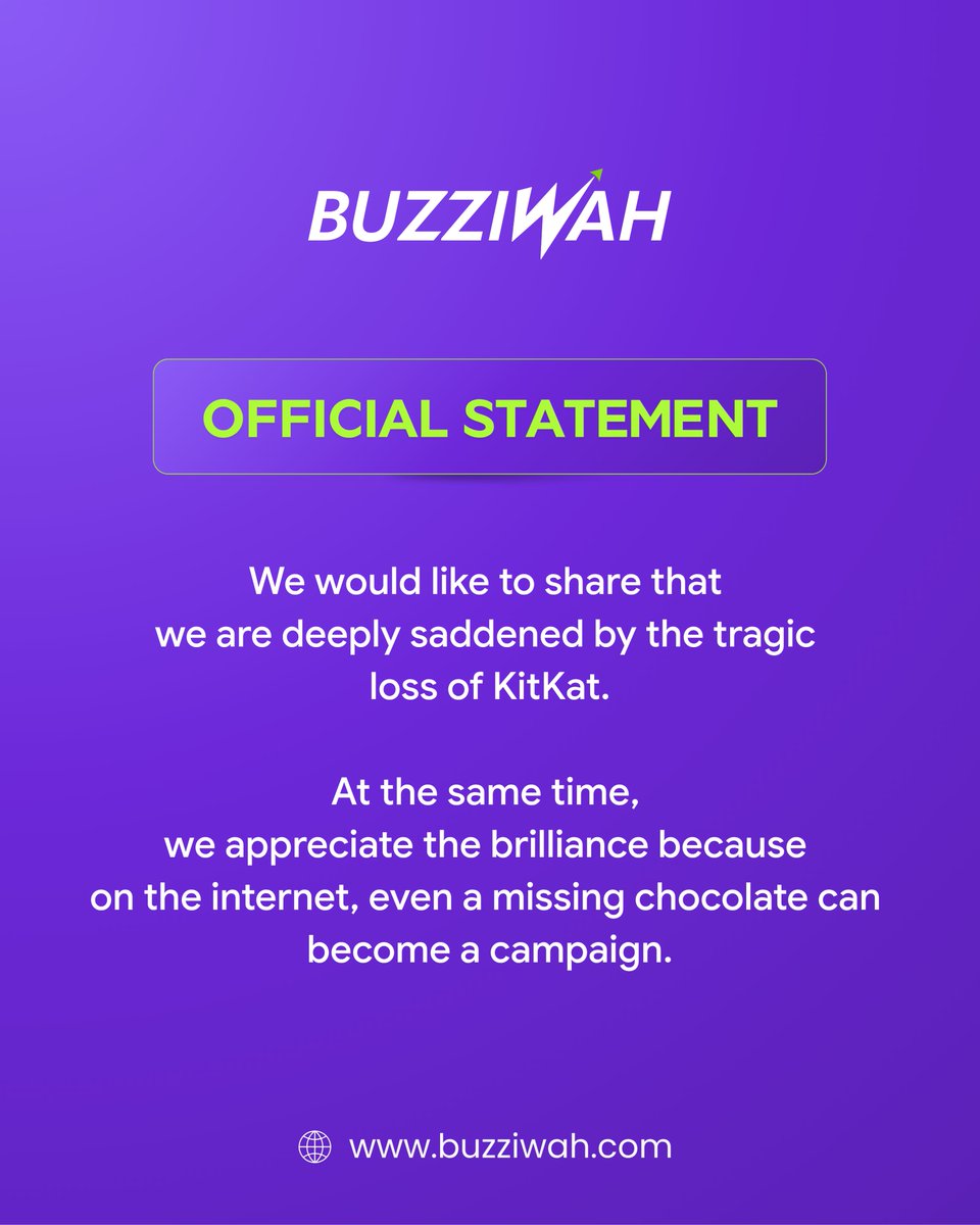 buzziwah's tweet image. Our condolences on the loss… truly.
But let’s be honest - on the internet, nothing just disappears… it starts making buzz⚡

That’s a lot of crunch… turned into attention.

#Buzziwah #Kitkat #DigitalMarketing #ViralMarketing #CreateBuzz
1 w