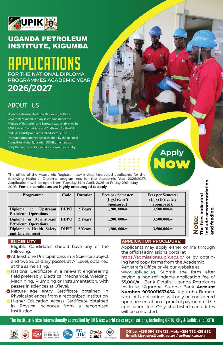 upikkigumba's tweet photo. ANNOUNCEMENT 
The Office of the Academic Registrar invites applications from suitably qualified candidates for admission into National Diploma Programmes at Uganda Petroleum Institute Kigumba for the Academic Year 2026/2027. https://t.co/662bcfDdTv